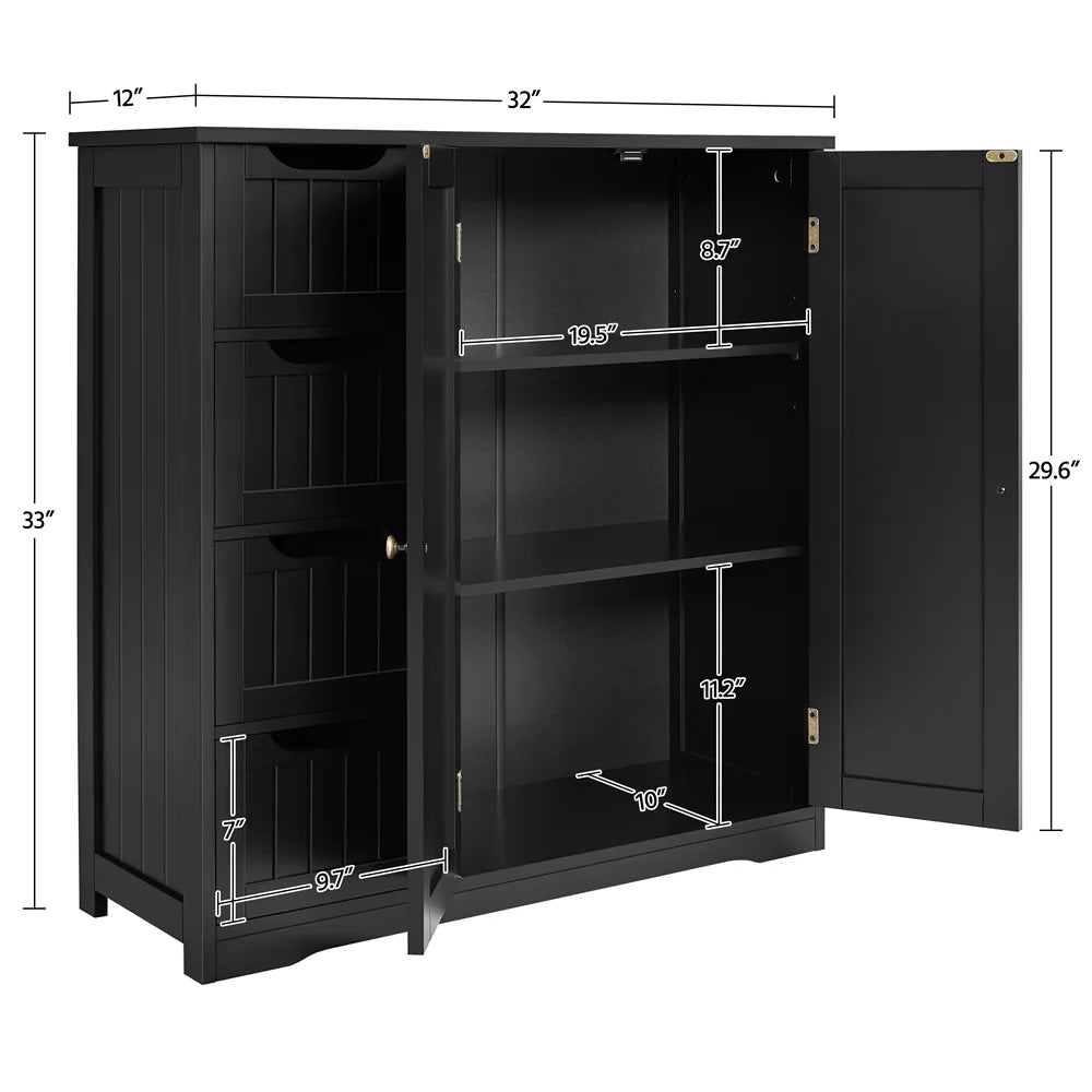 Black 4 Drawer Wooden Floor Storage Cabinet with Adjustable Shelf W109338