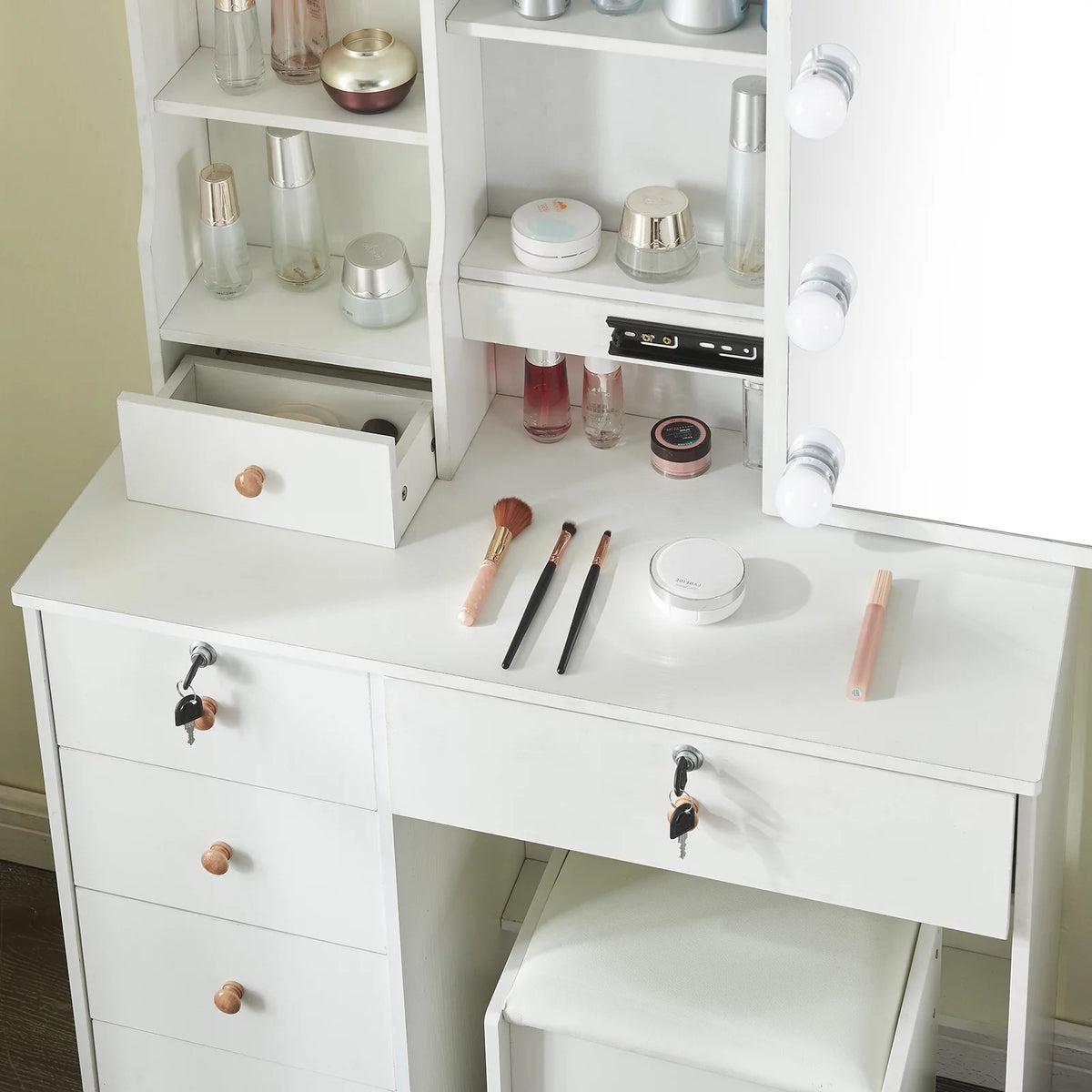 White Makeup Vanity with Sliding Mirror and Stool C6349