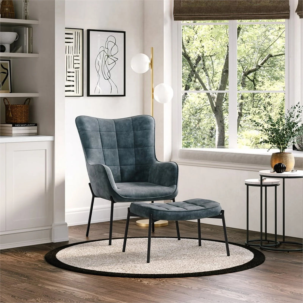 Dark Teal Blue Velvet Wingback Accent Chair with Stool W477026