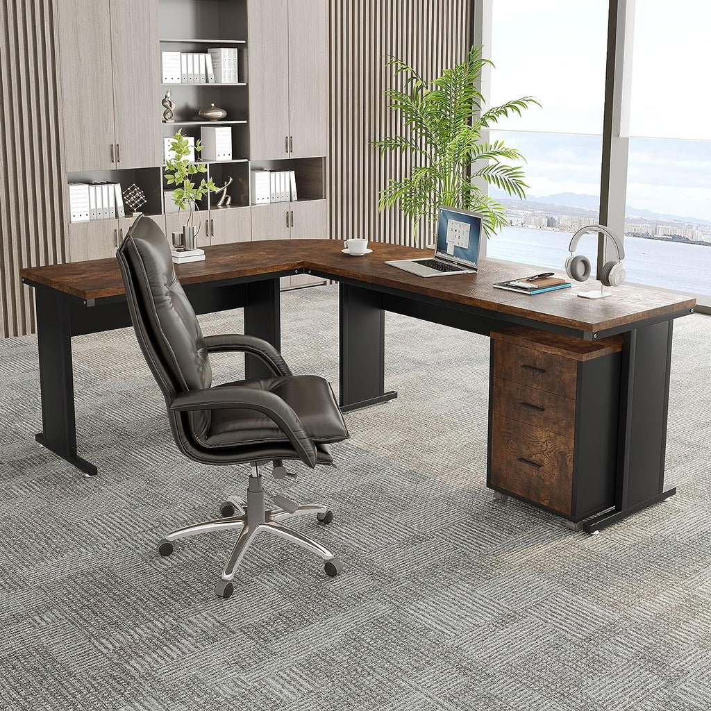 83" L-Shaped Executive Desk with 3-Drawer File Cabinet W113221