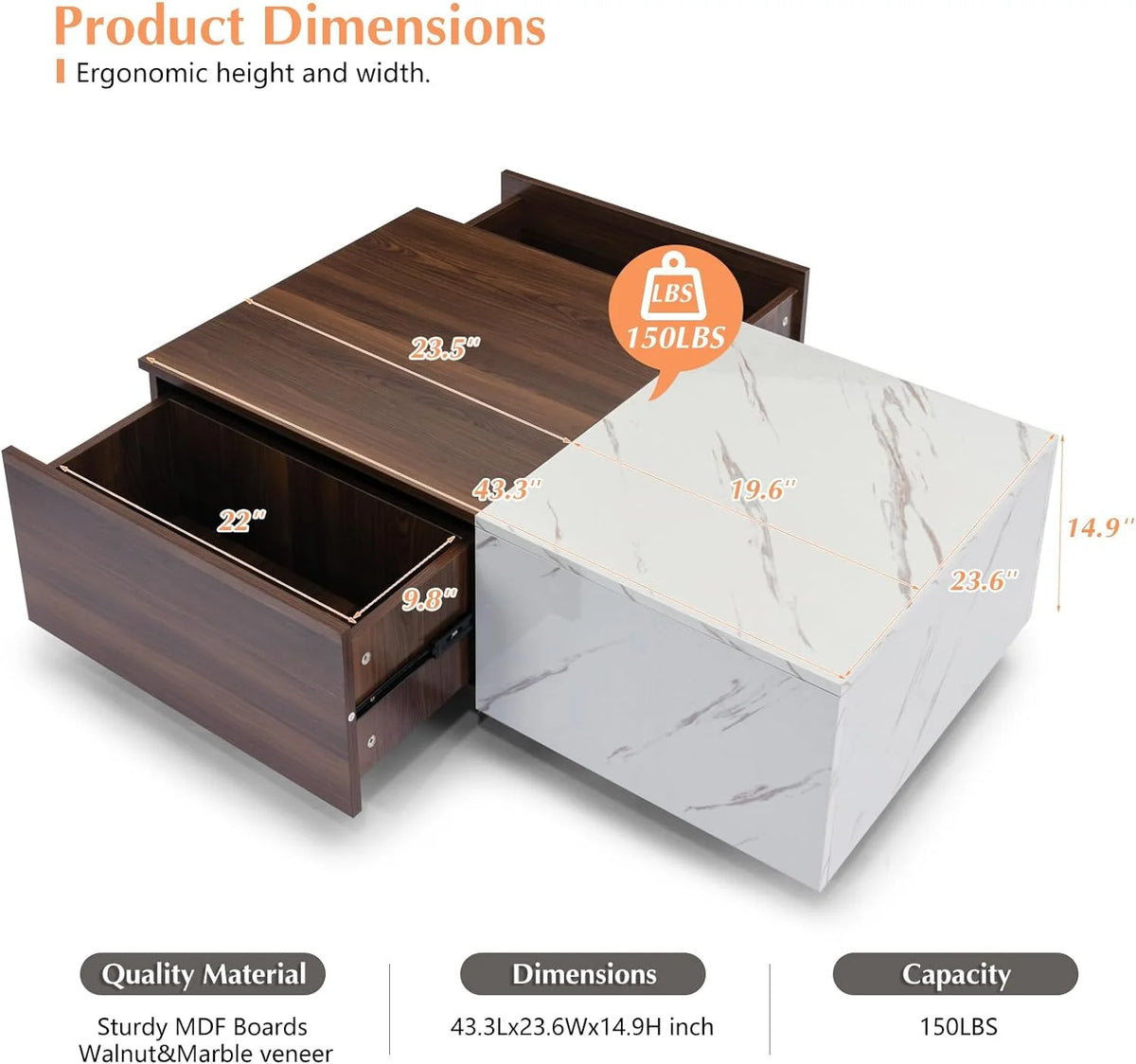 43" LED Coffee Table with 2 Storage Drawers W3874