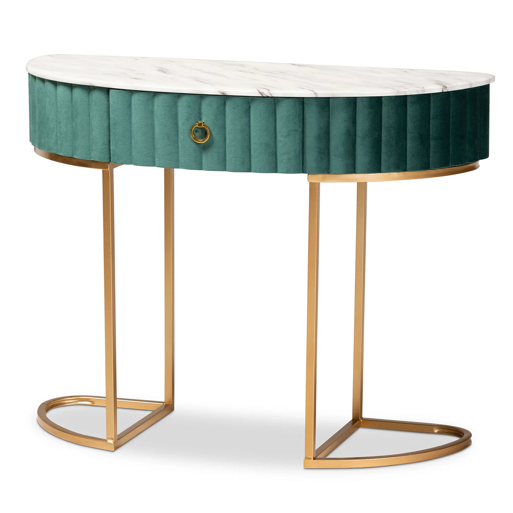 Green Velvet 1-Drawer Console Table with Faux Marble Tabletop S2217