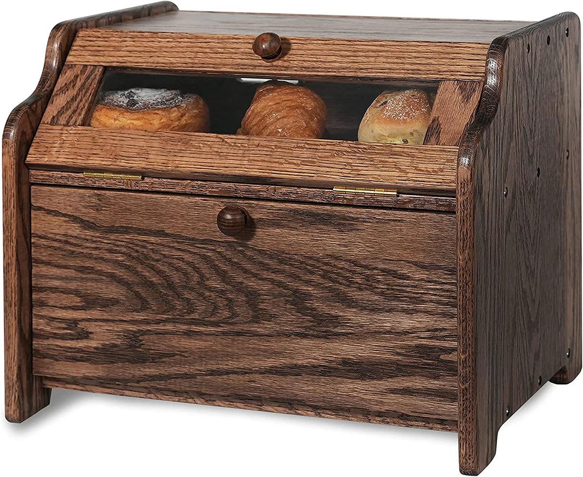 Solid Wood Oak Bread Box with Clear Window N924