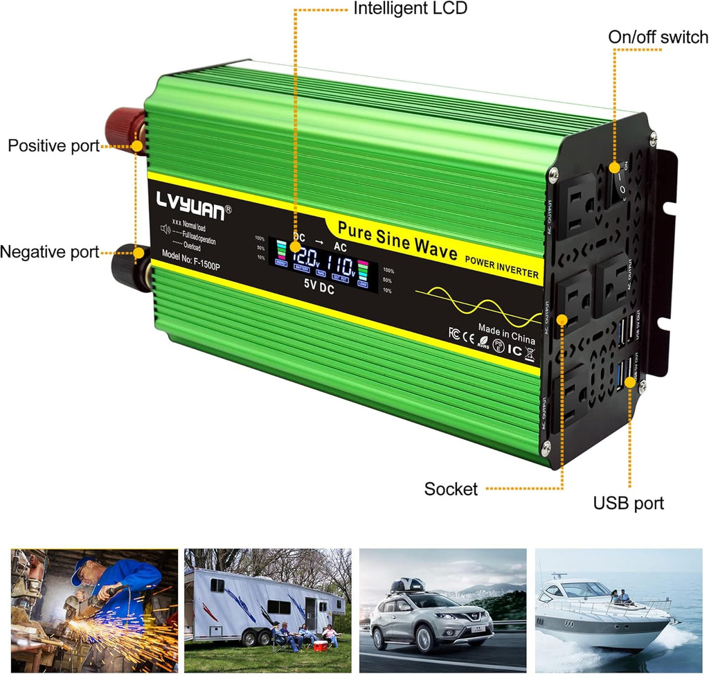 Pure Sine Wave Inverter 1600 Watts 12V to 110V with Remote Controller C835