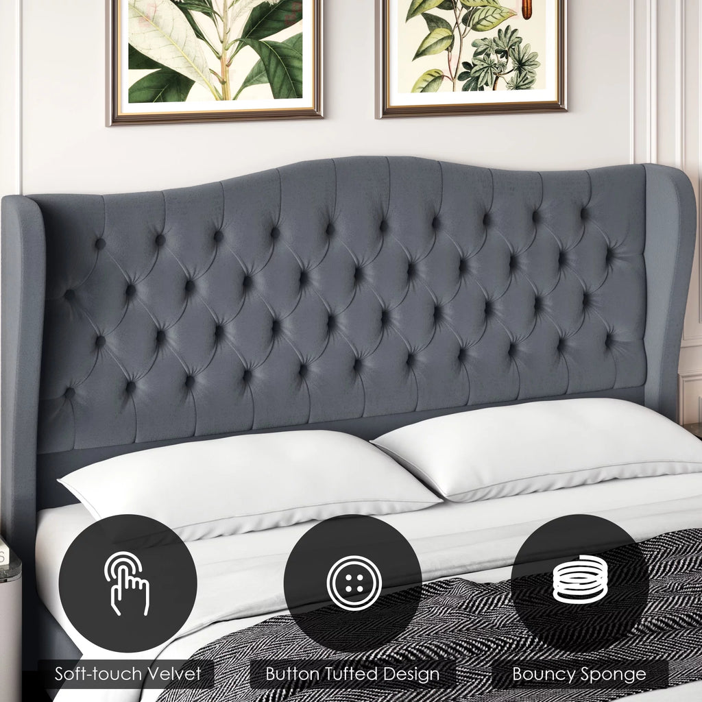 Queen Size Beige Velvet Tufted Upholstered Platform Bed Frame with Wingback Headboard F6518
