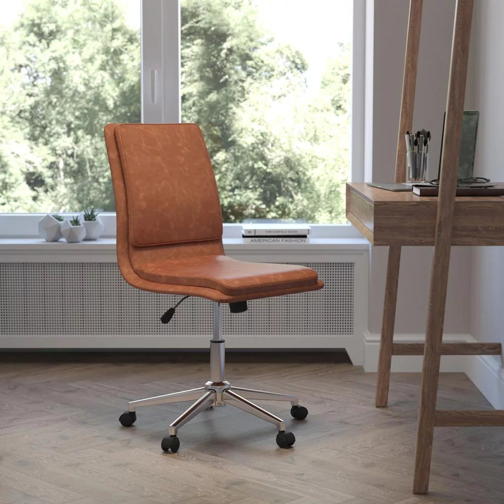 Brown Faux Leather Mid-Back Office Chair with Casters H145