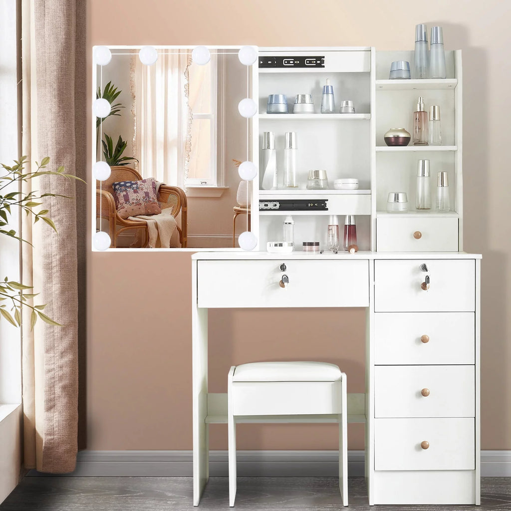 White Makeup Vanity with Sliding Mirror and Stool C6349