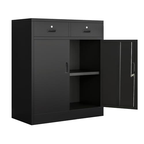 Black Metal Storage Cabinet with Adjustable Shelf and 2 Drawers G738