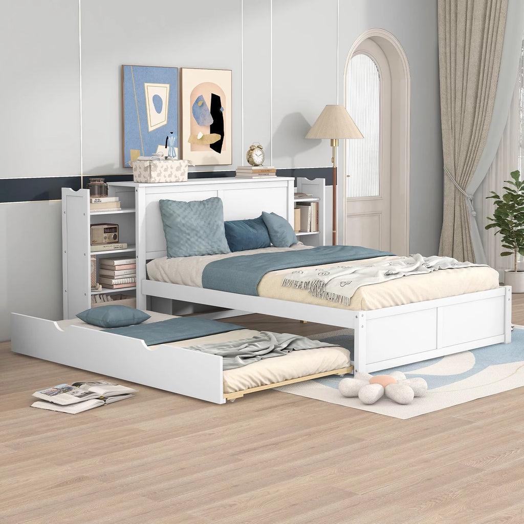 Full Size Wood Platform Bed with Trundle and Storage O84366