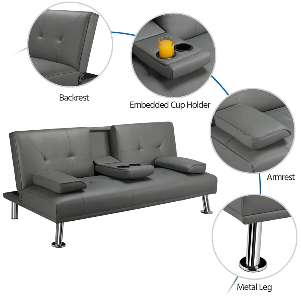 Gray Faux Leather Futon with Cupholders and Pillows J4372