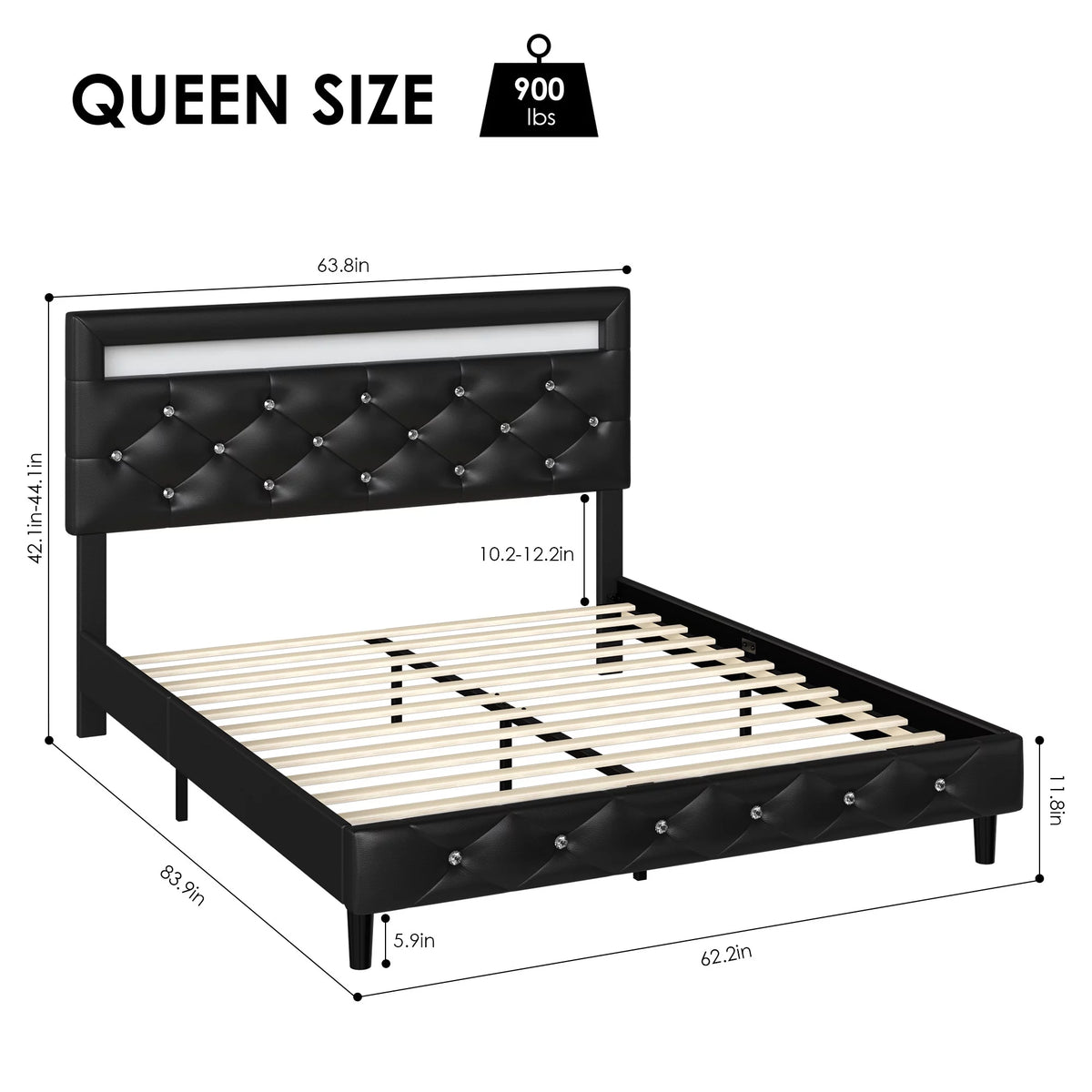 Queen Size LED Upholstered Platform Bed Frame with Adjustable Headboard E98544