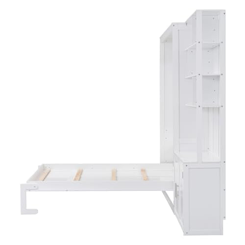White Full Size Wood Murphy Bed with Storage Shelves and Cabinet W498594
