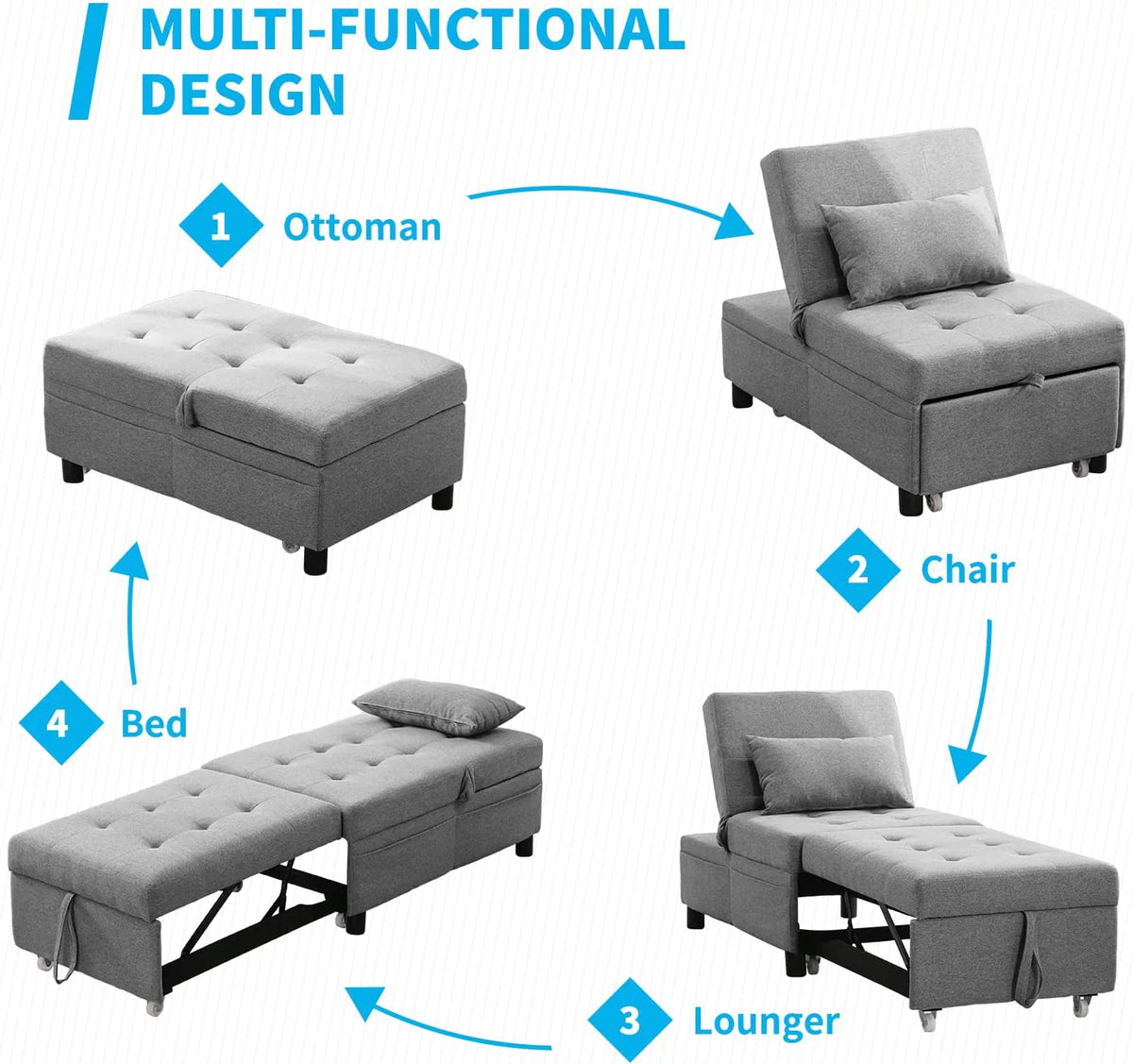 4-in-1 Convertible Sleeper Chair with Pillow Light Grey C8230