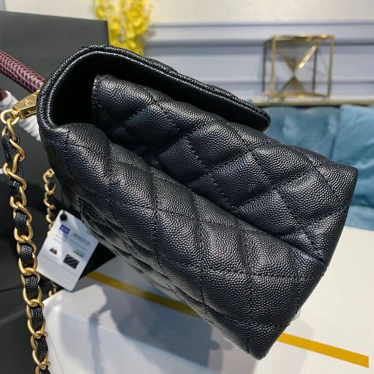 Black Large Flap Bag With Top Handle E280