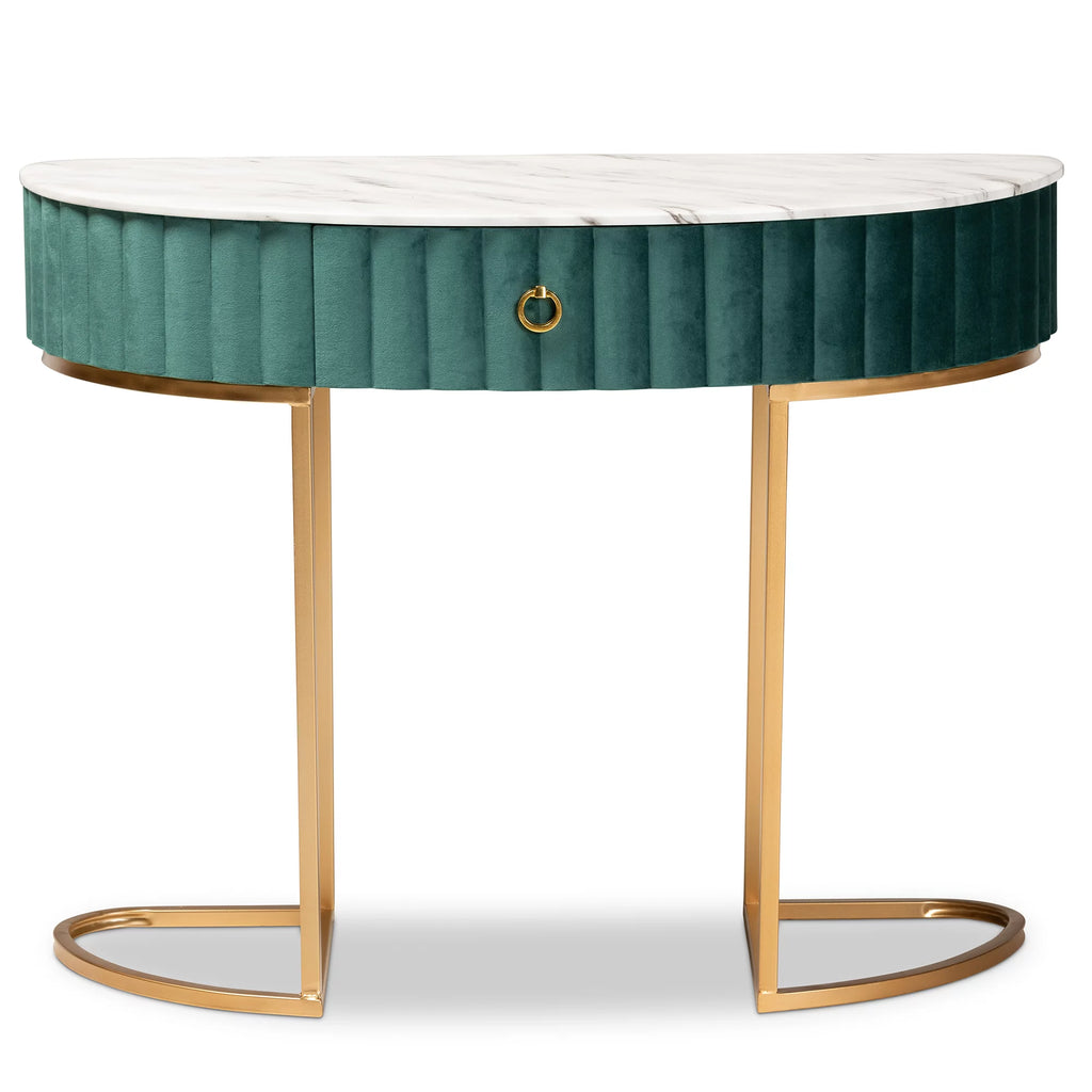 Green Velvet 1-Drawer Console Table with Faux Marble Tabletop S2217
