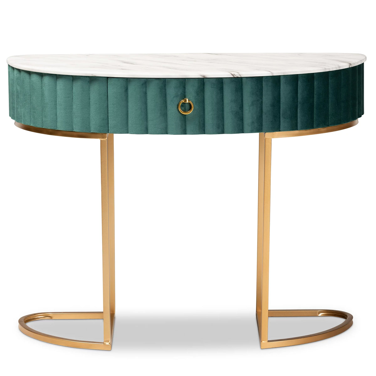 Green Velvet 1-Drawer Console Table with Faux Marble Tabletop S2217
