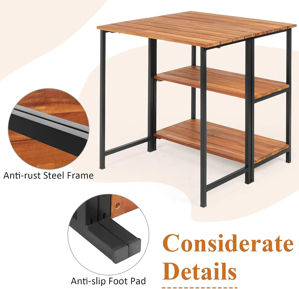 Acacia Wood Folding Patio Table with 2 Storage Shelves T97881