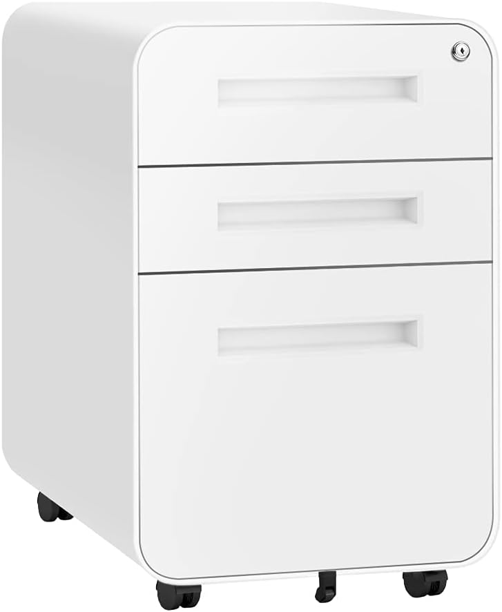 White 3 Drawer File Cabinet with Lock and Wheels U9832