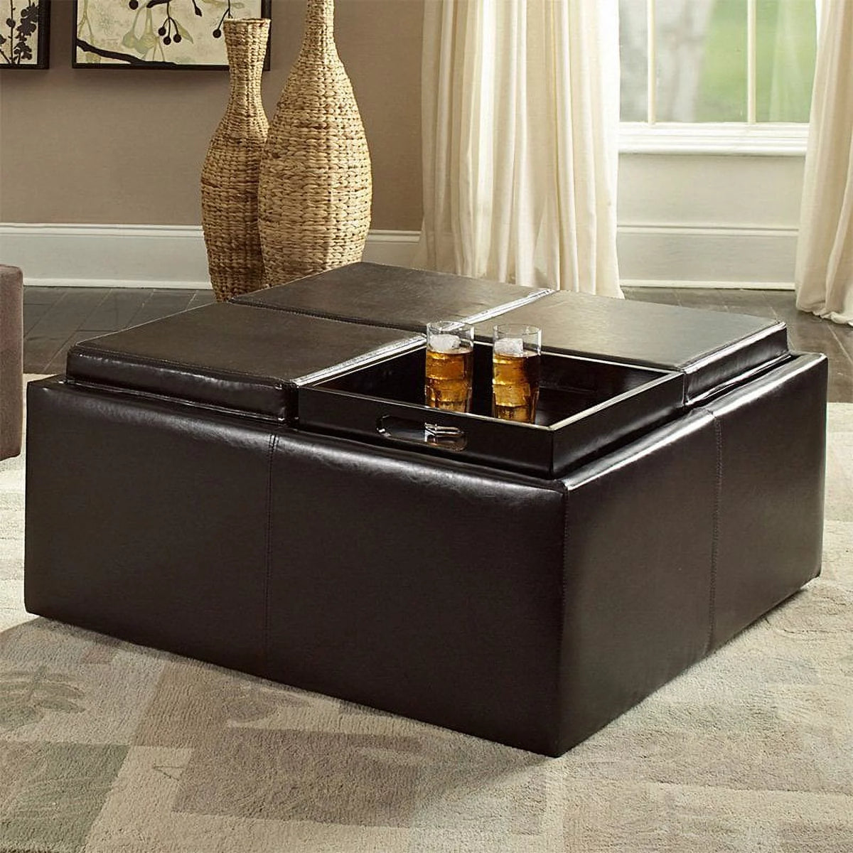 Dark Brown Faux Leather Storage Ottoman with 4 Trays I96435