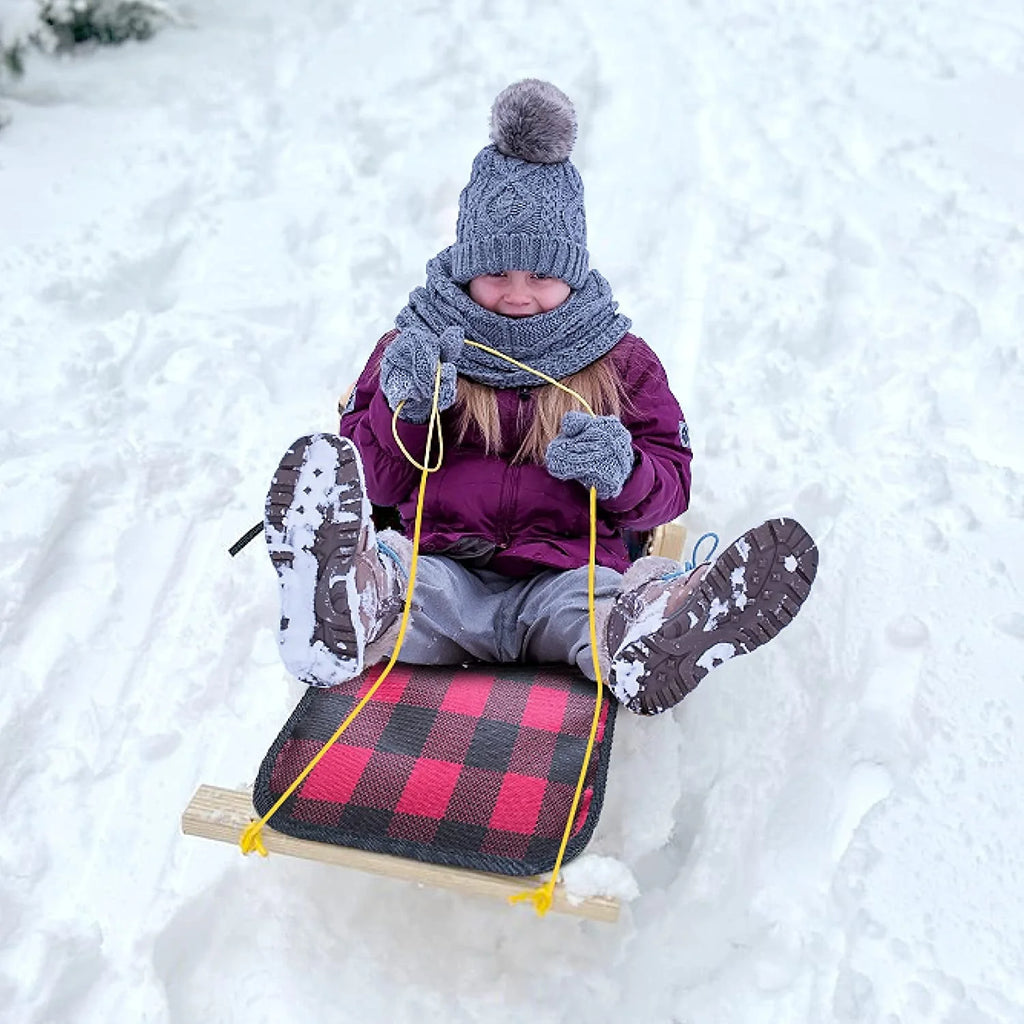 Wood Snow Sled with Cushion Seat and Pulling Rope K745