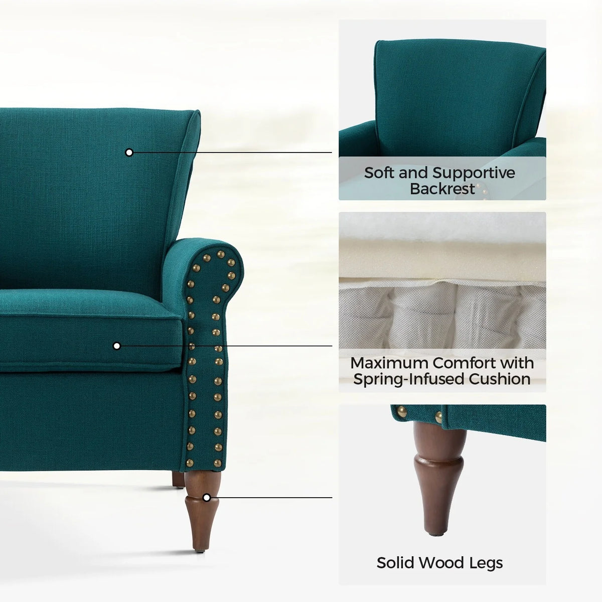 Teal Upholstered Accent Chair with Turned Wooden Legs and Nailhead Trim B387