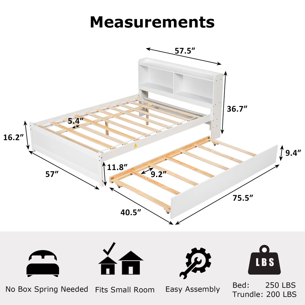 White Wood Full Size Trundle Bed with Bookcase Headboard N500171