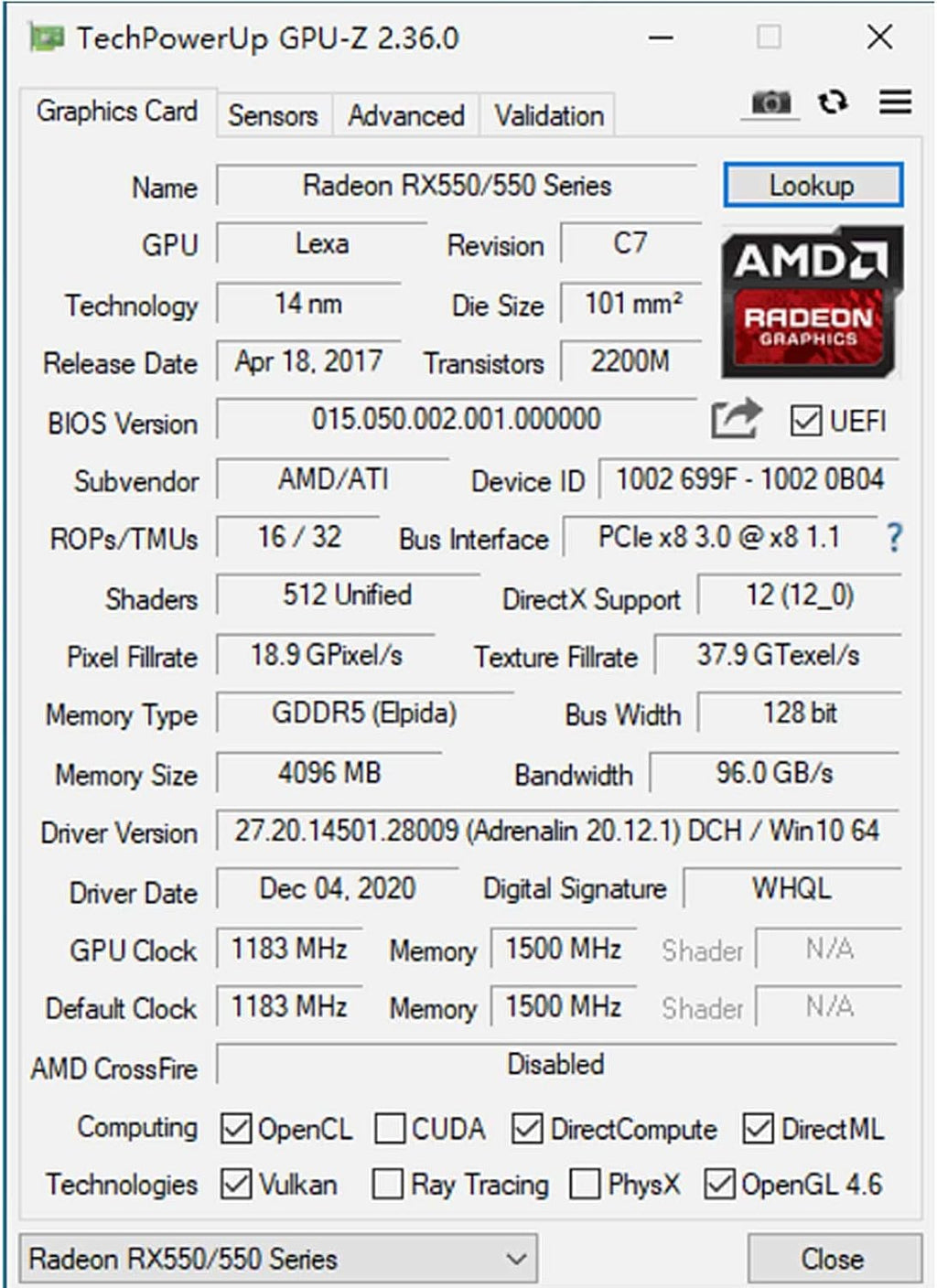 Radeon RX 550 4GB GDDR5 128-Bit Graphics Card V53342