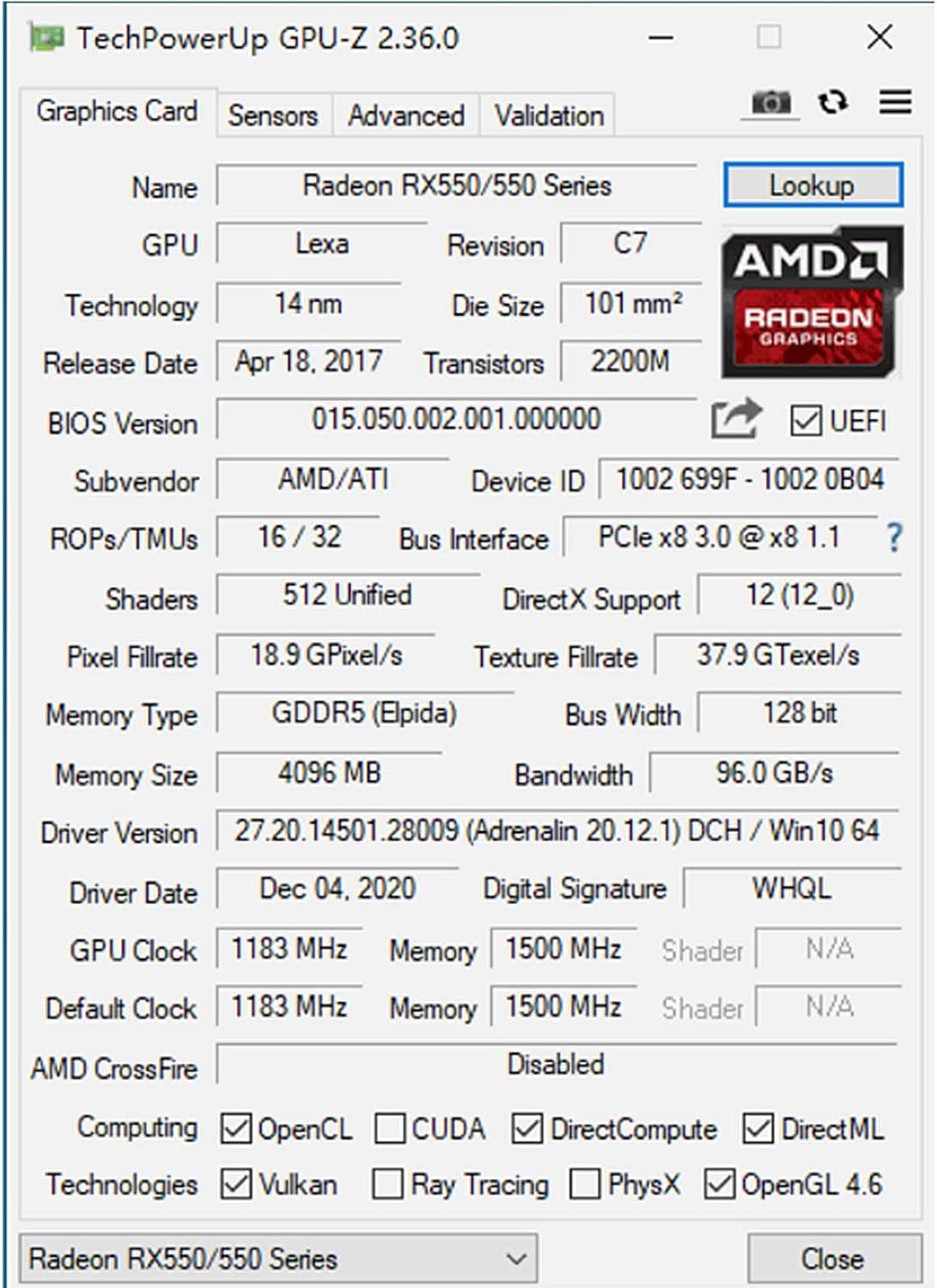 Radeon RX 550 4GB GDDR5 128-Bit Graphics Card V53342