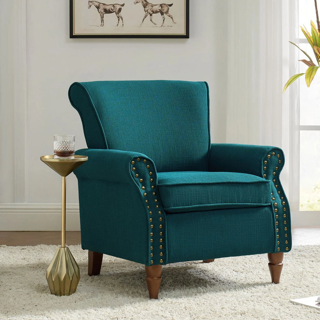 Teal Upholstered Accent Chair with Turned Wooden Legs and Nailhead Trim B387