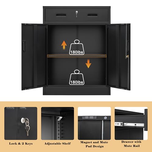 Black Metal Storage Cabinet with Adjustable Shelf and 2 Drawers G738