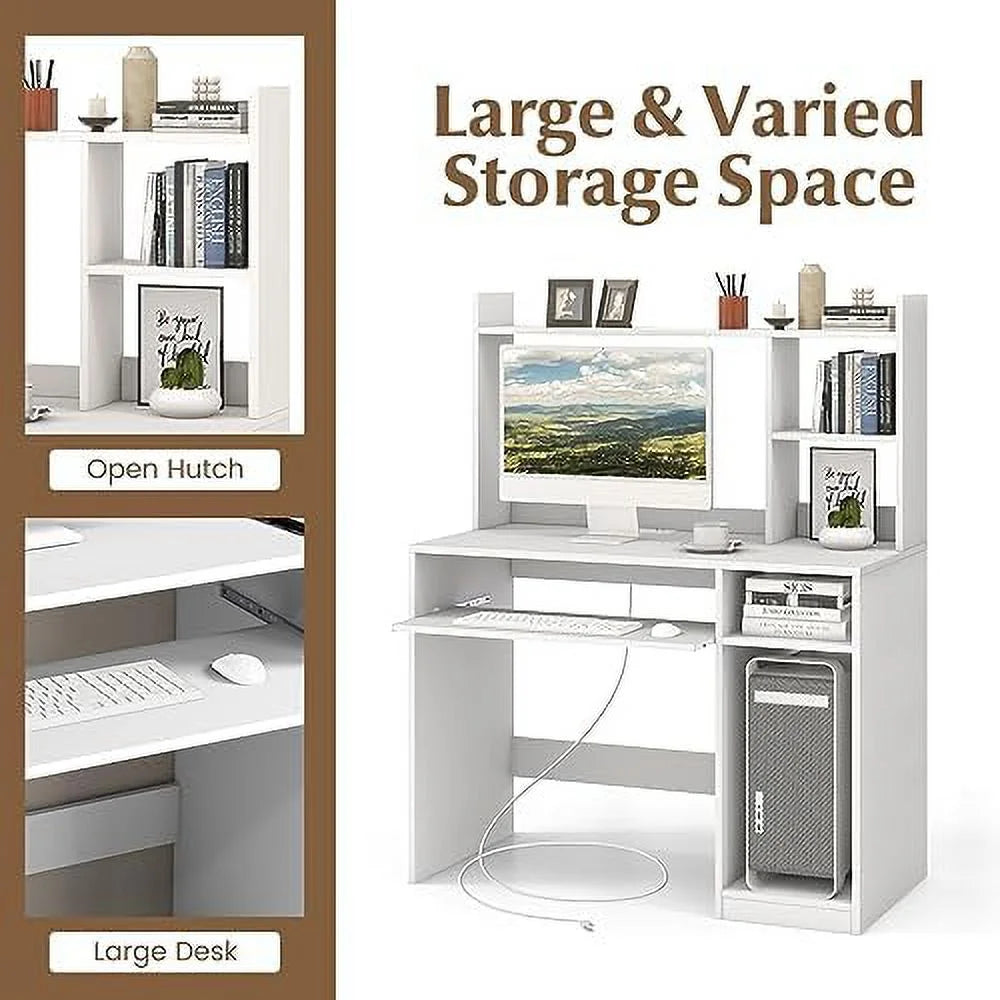 Black Computer Desk with Hutch and Power Outlet H15643