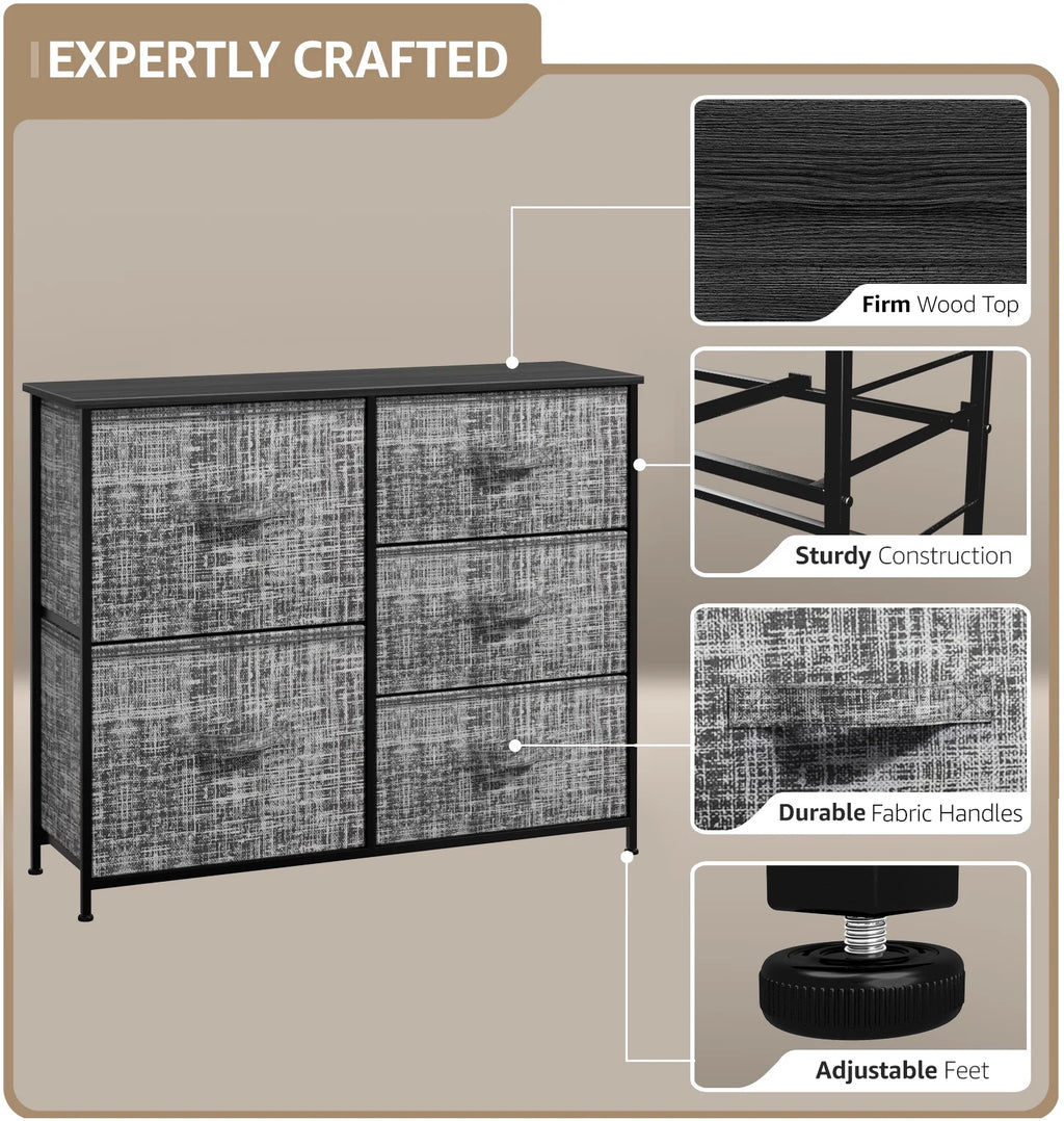 5 Drawer Fabric Storage Dresser with Wood Top P328120