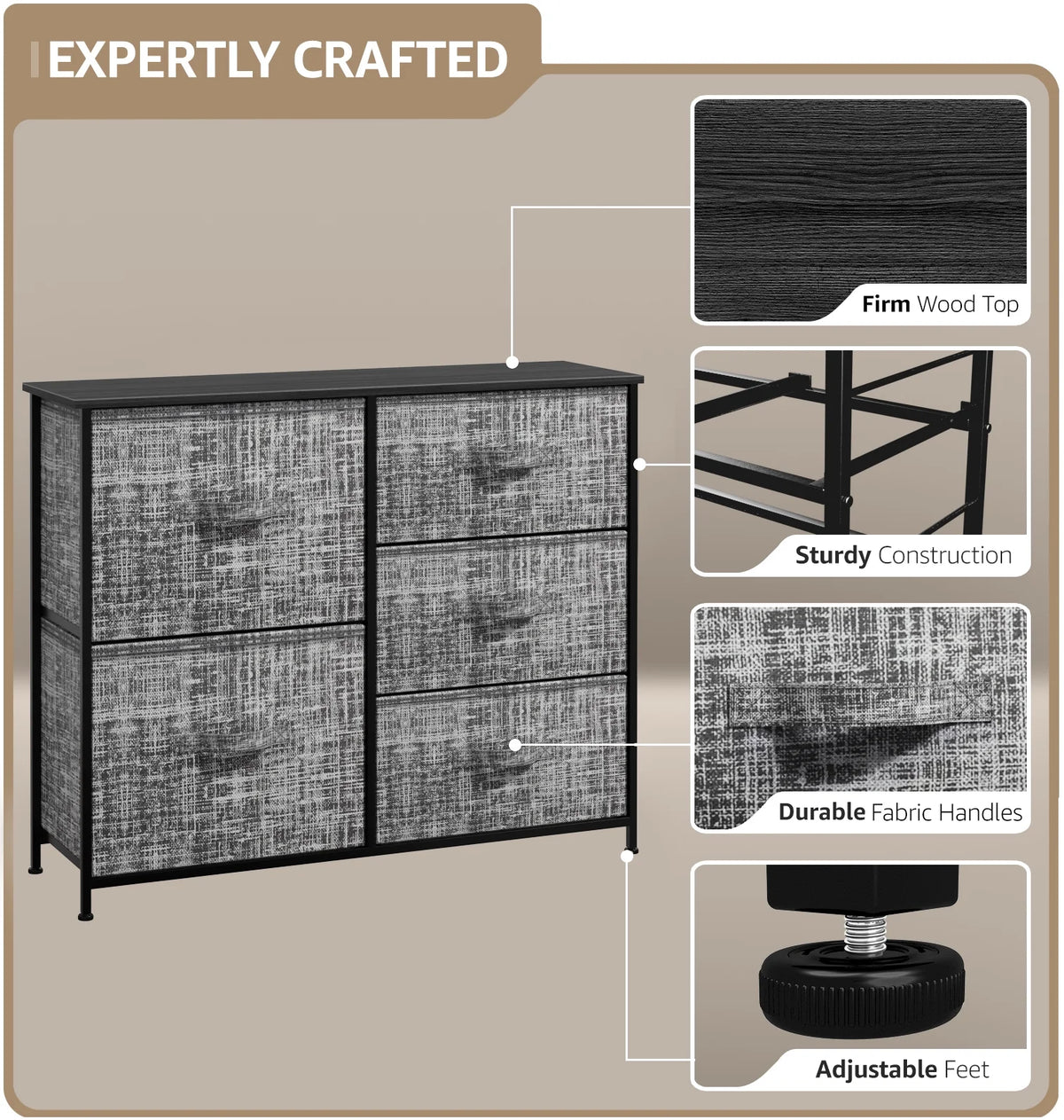 5 Drawer Fabric Storage Dresser with Wood Top P328120