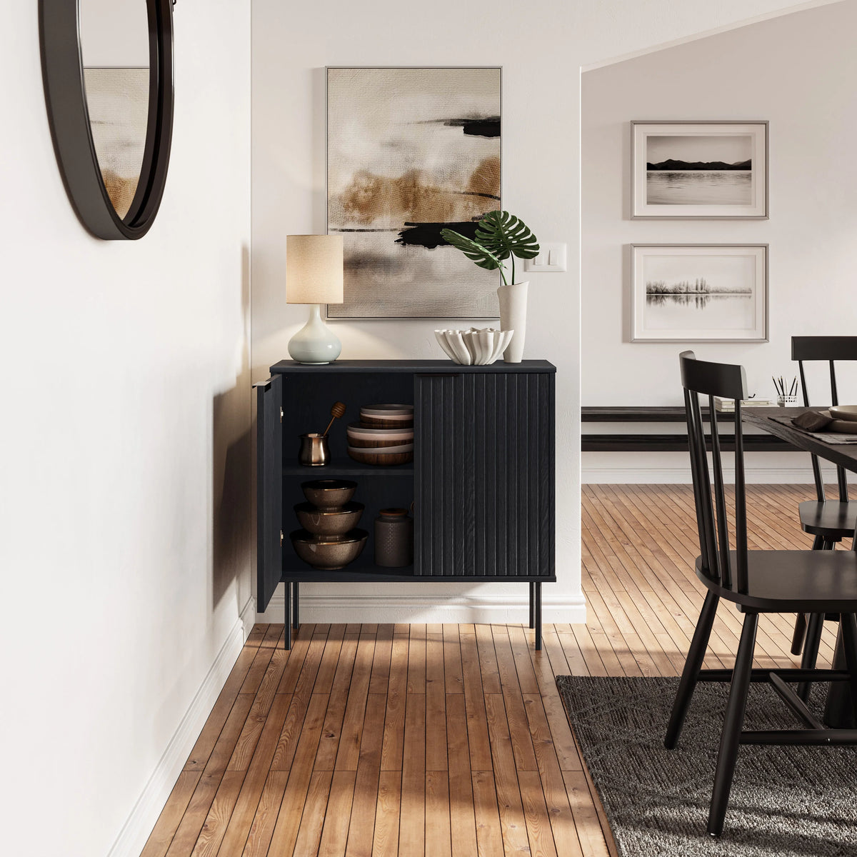 Black Fluted Engineered Wood Sideboard Buffet Z4973