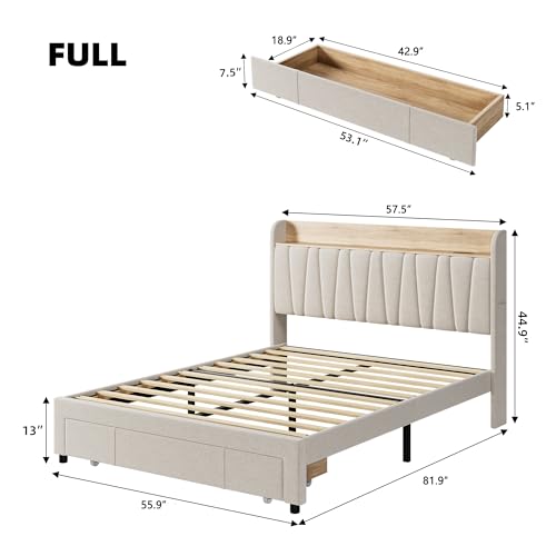 Beige Queen Size Upholstered Platform Bed Frame with Storage Headboard and Drawers X966645