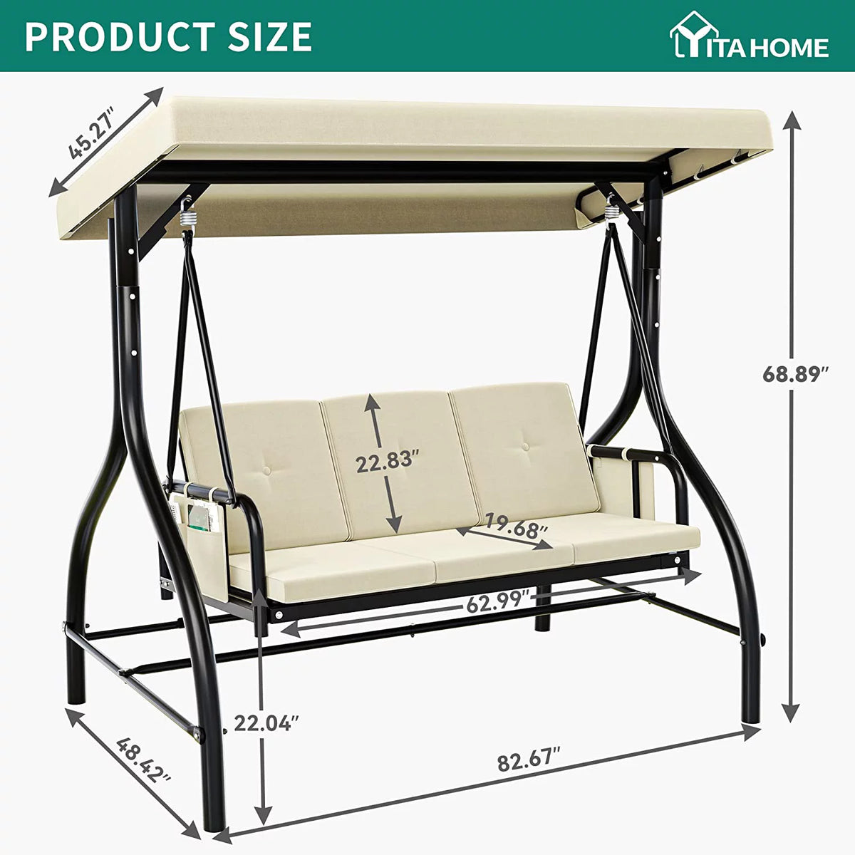 3-Seats Outdoor Patio Swing Chair with Adjustable Canopy and Removable Cushion U548