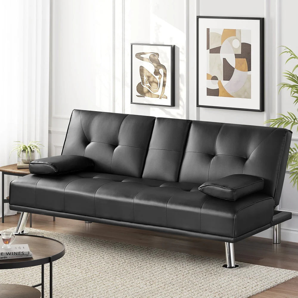 Gray Faux Leather Futon with Cupholders and Pillows J4372