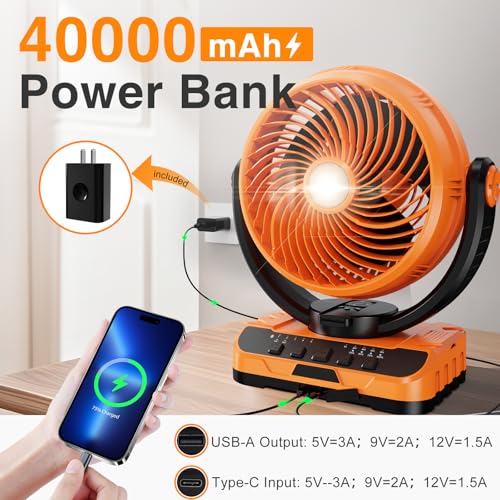 Camping Fan 40000mAh Rechargeable Hanging High Velocity Floor Fan Auto Oscillation Remote Control Timer Cordless Q794