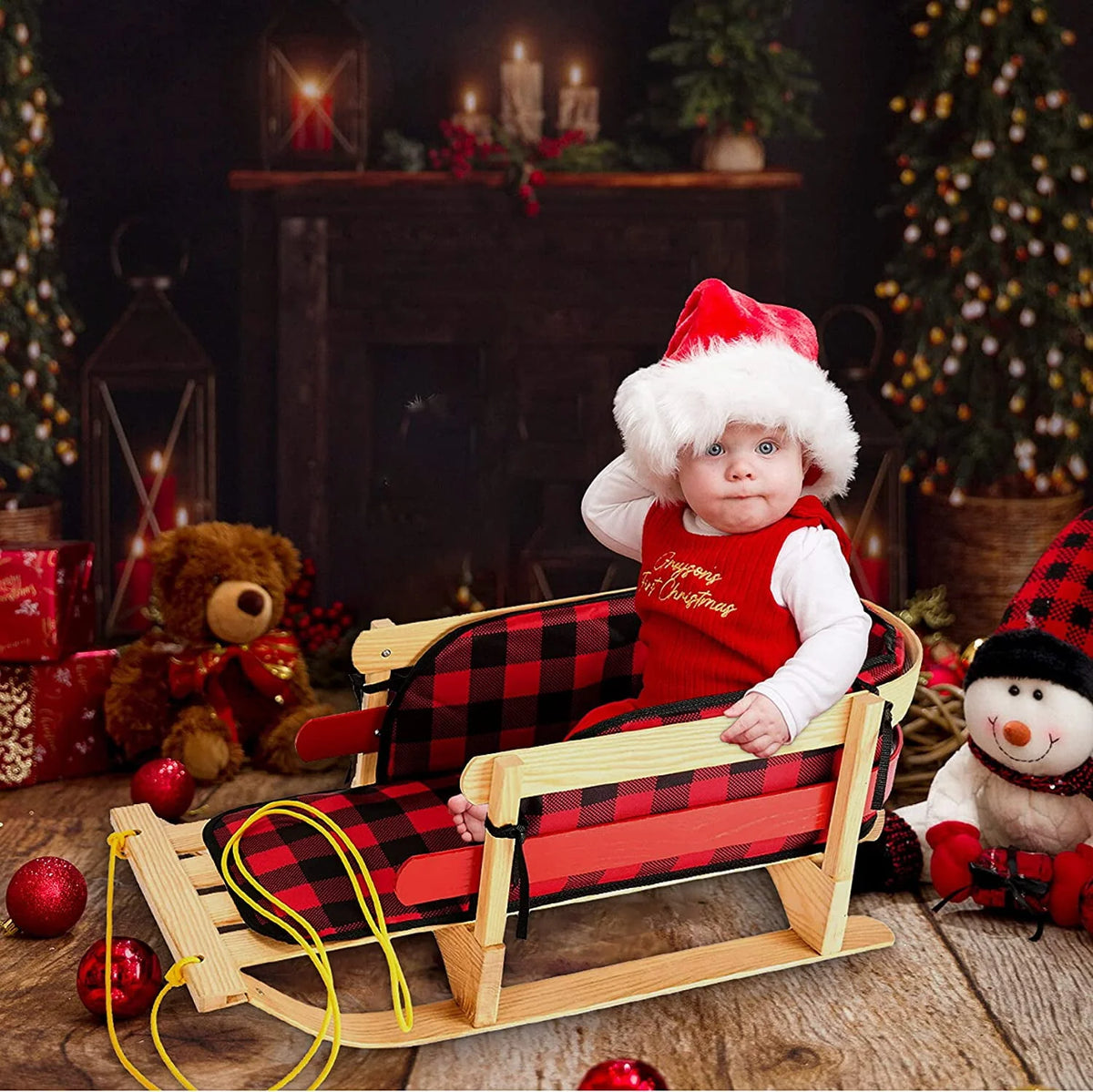 Wood Snow Sled with Cushion Seat and Pulling Rope K745