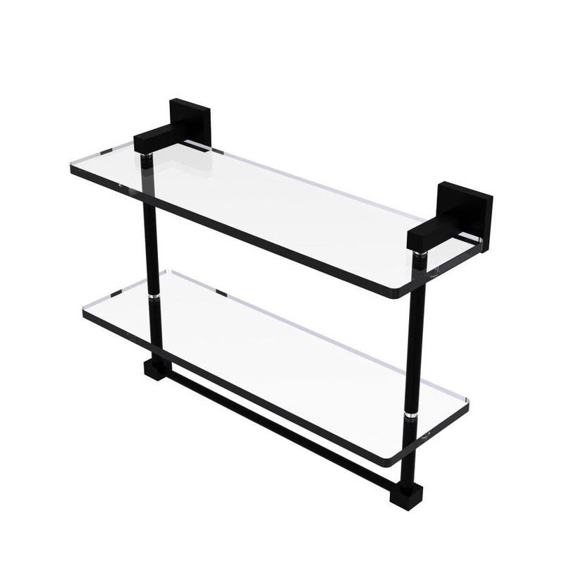 16 in. Two Tiered Glass Shelf with Towel Bar Matte Black R433788
