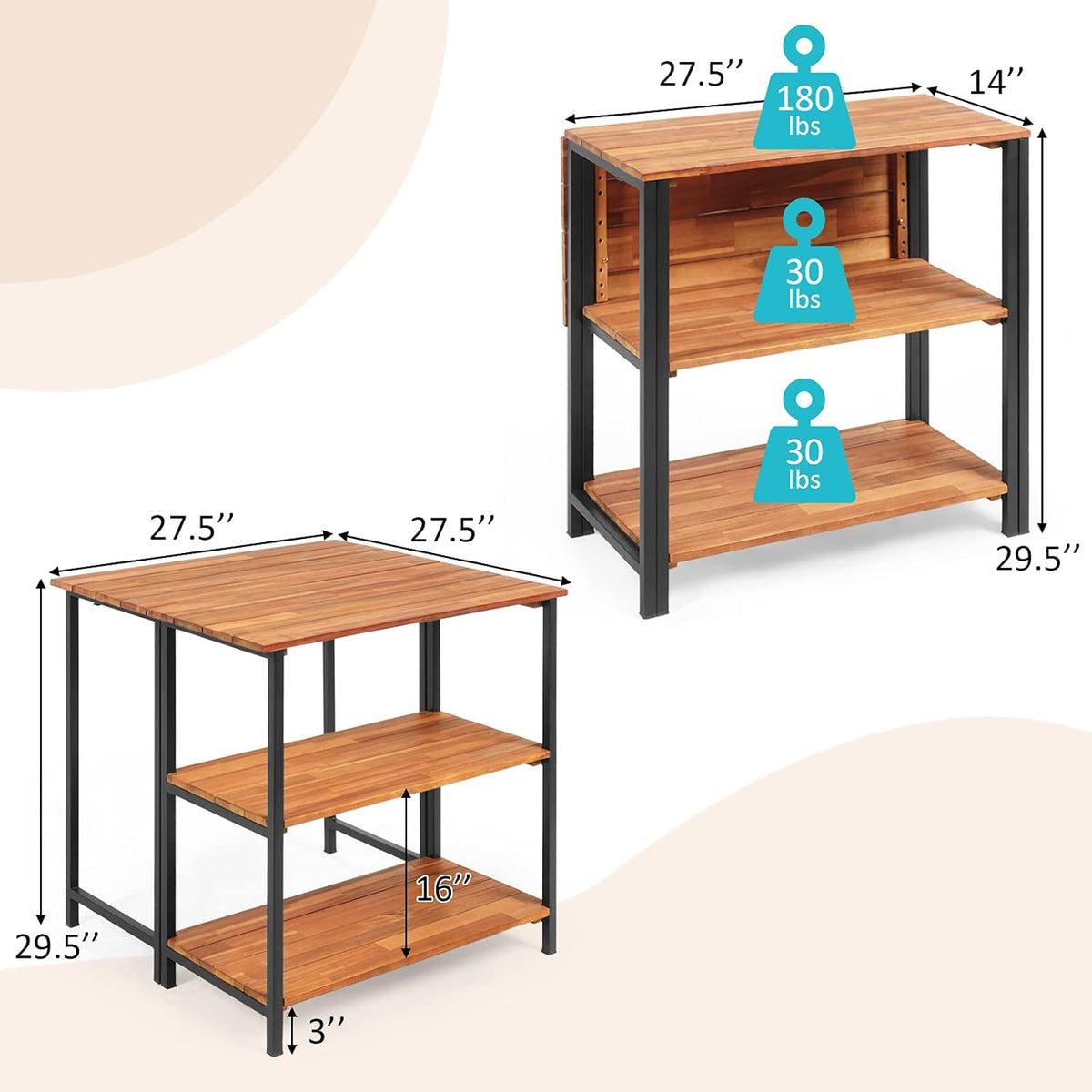 Acacia Wood Folding Patio Table with 2 Storage Shelves T97881