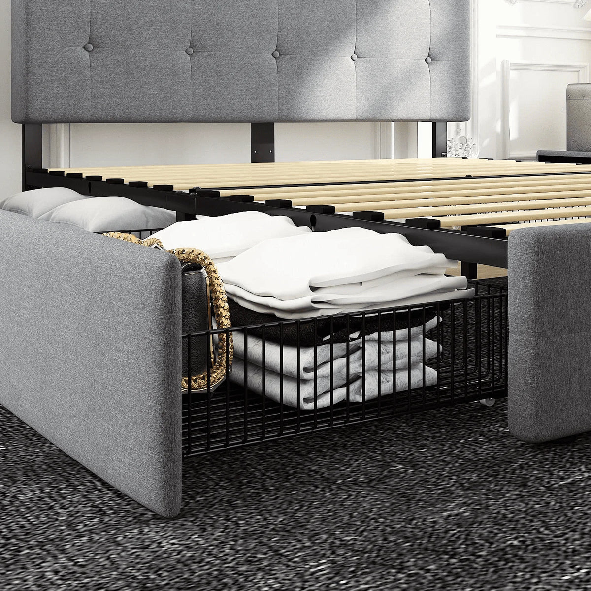 Queen Size Storage Bed Frame with 4 Drawers, Tufted Adjustable Headboard, Dark Grey E966129
