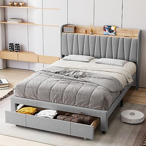 Beige Queen Size Upholstered Platform Bed Frame with Storage Headboard and Drawers X966645