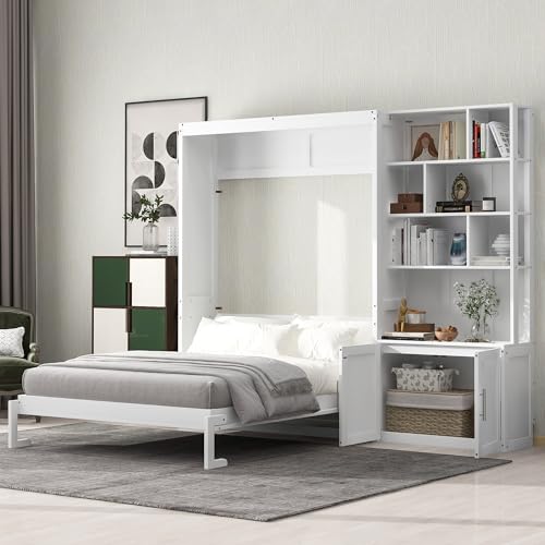 White Full Size Wood Murphy Bed with Storage Shelves and Cabinet W498594