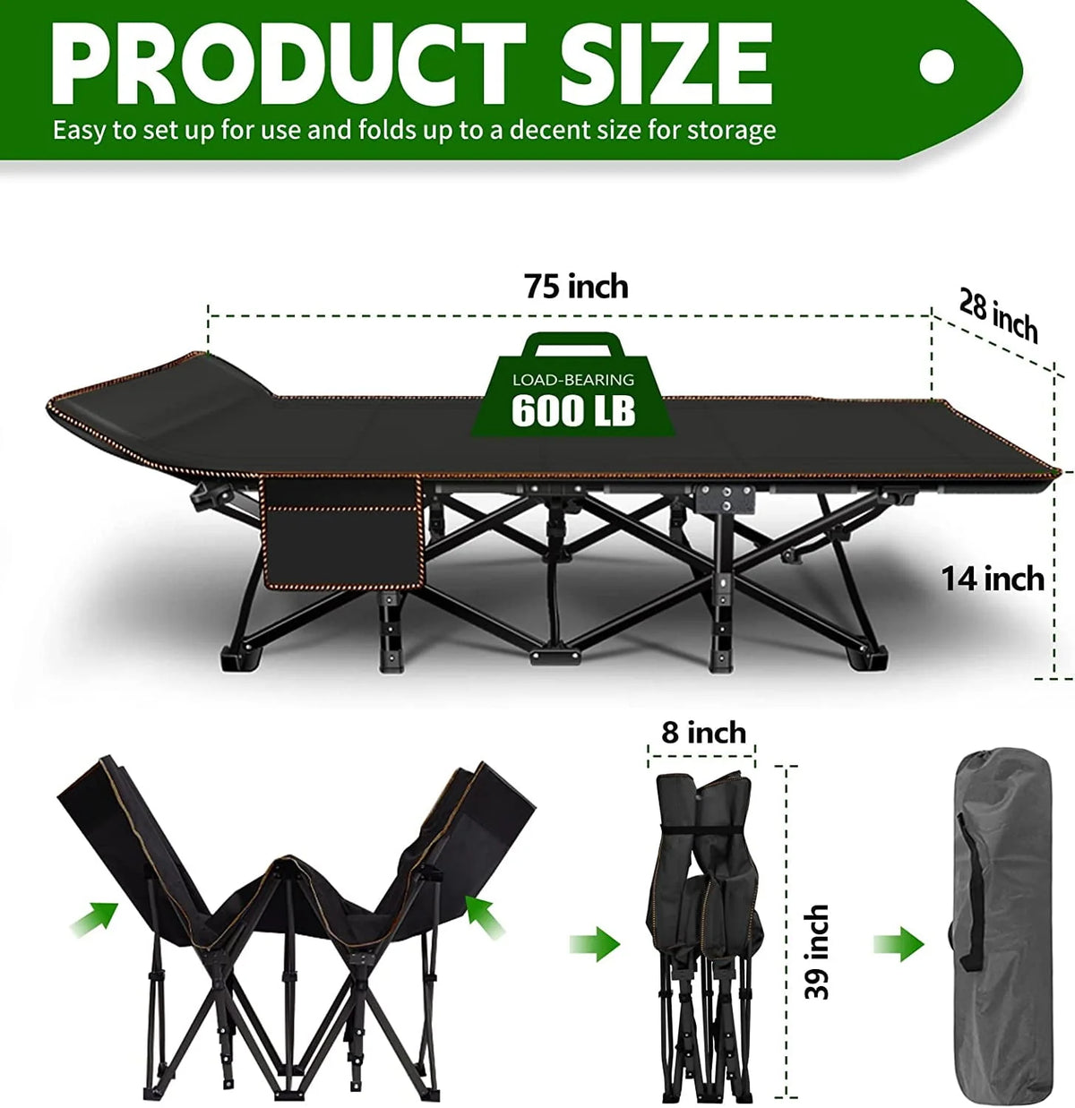 Oversized XXL Folding Camping Cot with Cushion & Carry Bag V412