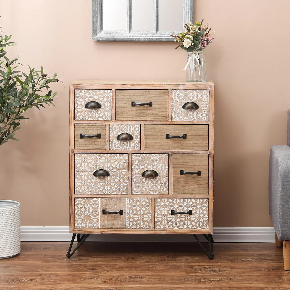 Rustic Brown Wood and Metal 11-Drawer Chest O14819
