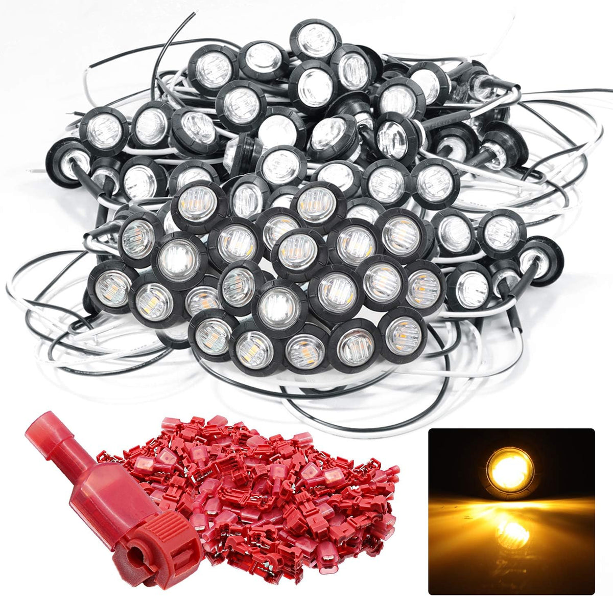 200 Pack 3/4 Inch Mini Round Amber Red LED Side Marker Indicator Lights 12V DC P6549
