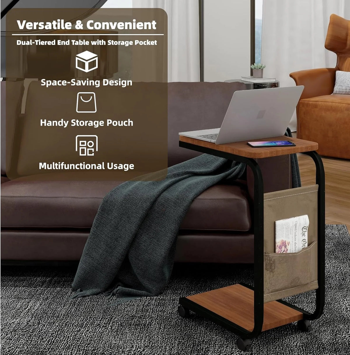 C-Shaped End Table with Double Layer Shelves C283823