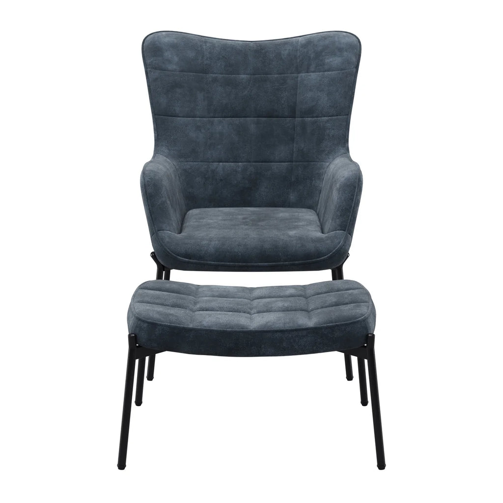 Dark Teal Blue Velvet Wingback Accent Chair with Stool W477026