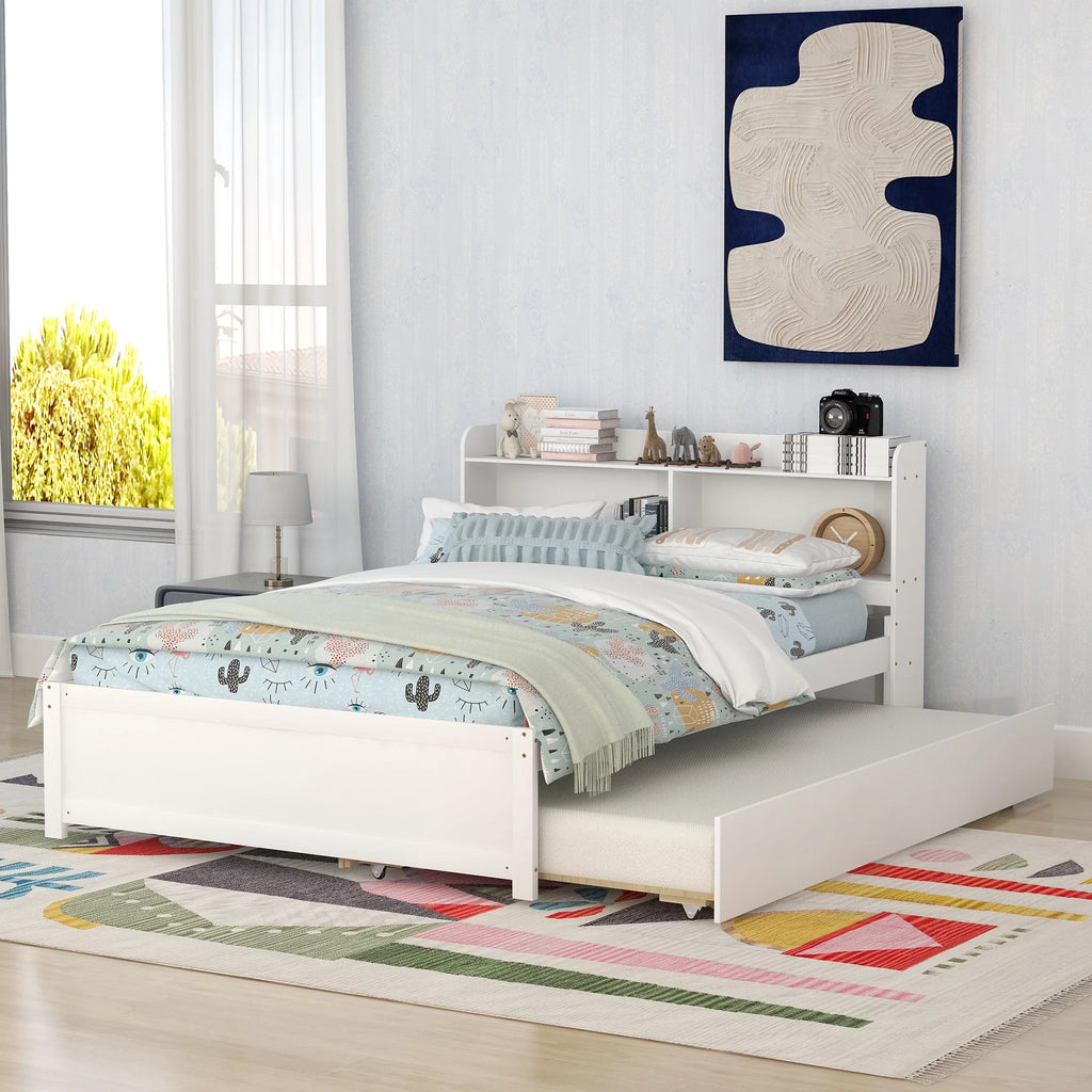 White Wood Full Size Trundle Bed with Bookcase Headboard N500171